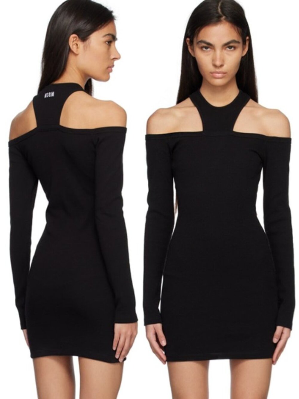 MSGM Cutout Halter Off Shoulder Long Sleeves Rib Knit Mini Dress Black Size M